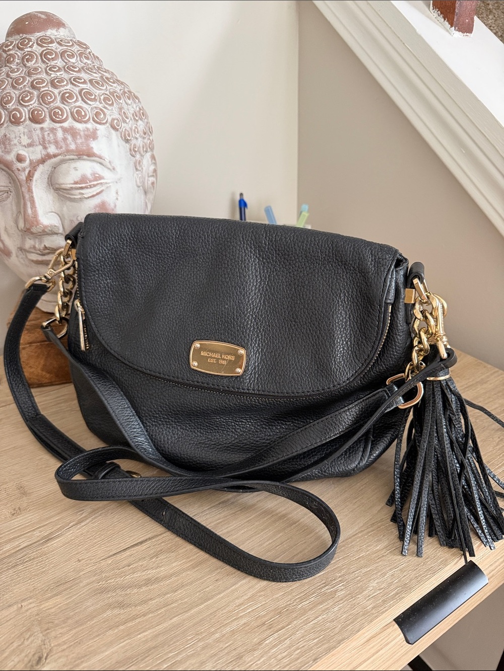 Michael Kors Black Pebbled Leather Crossbody with Gold Hardware and Tassel